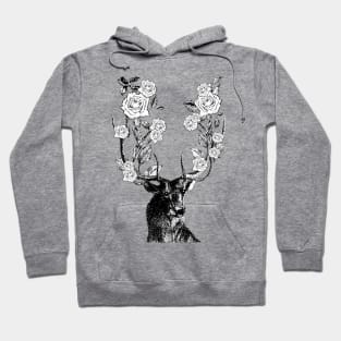 Stag and Roses | Stag and Flowers | Black and White | Hoodie